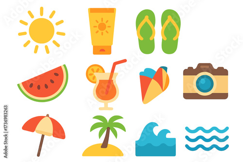 Summer vacation icon set. Vector collection of flat design beach elements. Sun, palm tree, wave, cocktail, camera, watermelon, sunscreen, flip flops, and umbrella. Travel symbols.