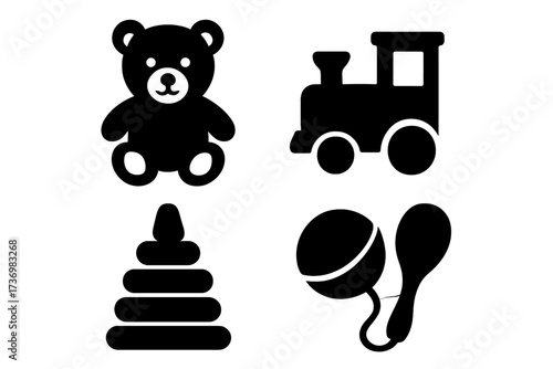 Children's toys icon set. Black silhouette collection of baby playthings. Vector graphic of teddy bear, train, pyramid, and rattle. Simple minimal design for childhood.