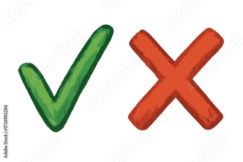 Textured check and cross marks. Green tick and red X icons. Hand drawn vector illustration for concepts like yes, no, right, wrong, accept, reject, approved, and denied.