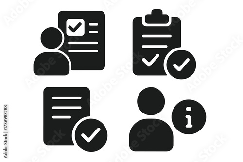 Task management icon set. User profile verification, completed checklist, approved document, personal information symbol. Business workflow, project complete, compliance glyphs.