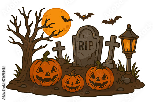 Spooky Halloween night scene with jack o'lantern pumpkins in a creepy cemetery. Vector cartoon illustration of a graveyard with a tombstone, scary tree, bats, and full moon.