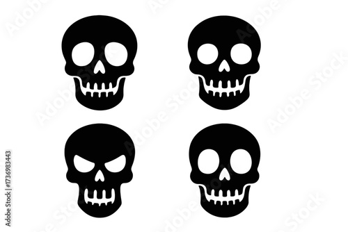 Set of black skull silhouettes. Vector icon collection for Halloween. Spooky, scary, and evil human skeleton head symbols. Danger or poison sign. Pirate jolly roger element.