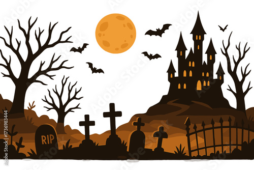 Halloween banner with haunted castle, cemetery. Spooky night landscape with full moon, bats, graves. Horror vector illustration for party invitation. Paper cut style concept.