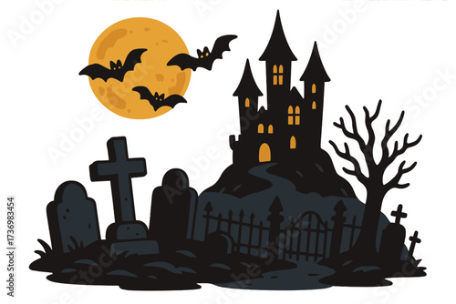 Spooky Halloween night landscape with a haunted gothic castle on a hill. Creepy cemetery with gravestones and a full moon with bats. Scary horror vector cartoon illustration.