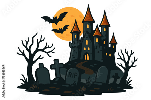 Haunted Halloween castle on a spooky hill with a graveyard. Scary gothic palace at night under a full moon with bats. Cartoon vector for fantasy or horror themes.