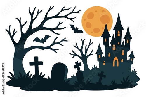 Spooky Halloween night scene with haunted castle, cemetery, and bats. Creepy graveyard landscape with full moon and scary trees. Horror vector cartoon illustration silhouette.