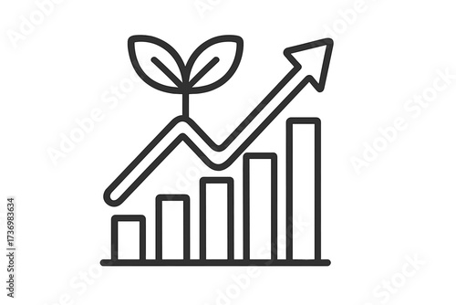 Sustainable business growth and green economy concept. Financial investment success. Chart icon with growing plant sprout. Profit increase diagram with upward arrow. Eco progress.