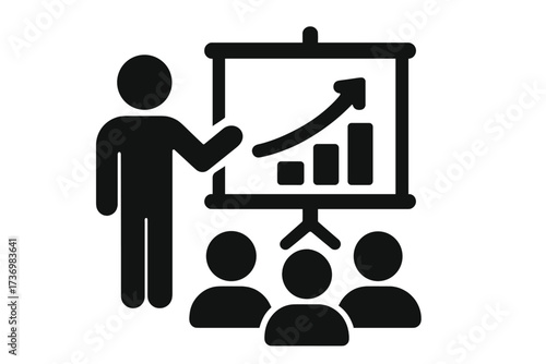 Business presentation growth icon, silhouette businessman teaching audience with rising graph, success progress chart, leadership training, corporate meeting infographic vector illustration