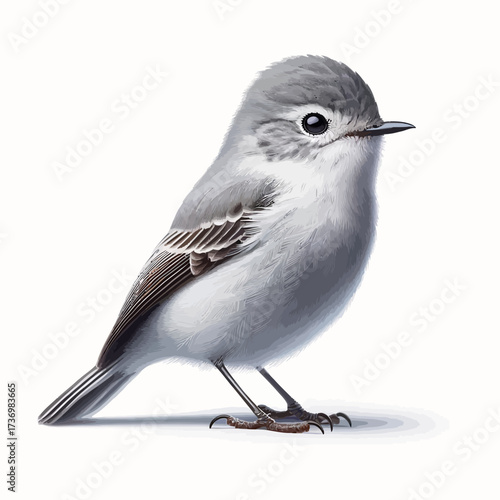 Tiny Fluffy Grey and White Songbird, Isolated on White Background
