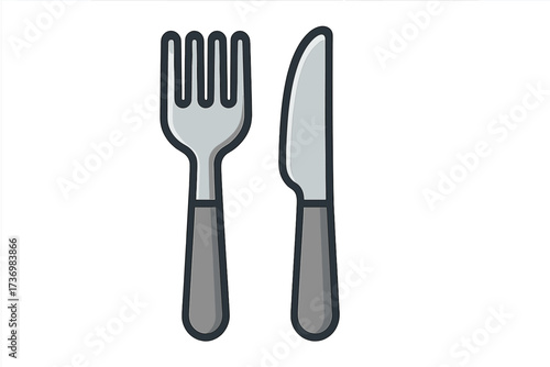 Cartoon vector illustration of fork and knife kitchen utensils. Flat isolated cutlery set, metallic silverware icon, restaurant eating tools, dining equipment, tableware symbol, clean minimal design