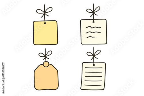 Hanging reminder tags set vector. Cartoon note posters with bow string. Blank memo paper, doodle task checklists, to-do forms and schedule sheets. Office stationery, sticky notes isolated white.
