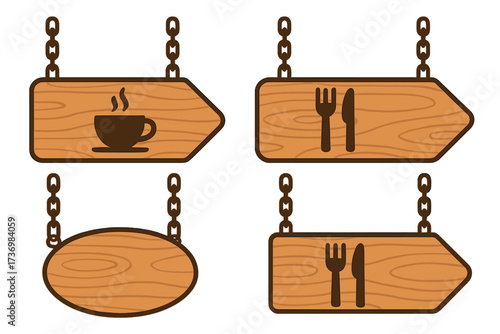 Wooden Hanging Signboard Vector Set for Coffee Shop, Restaurant, Cafe or Dining, Directional Arrow and Blank Banner Template, Cartoon Food and Drink Icons for Menu, Vintage Rustic Design Illustration