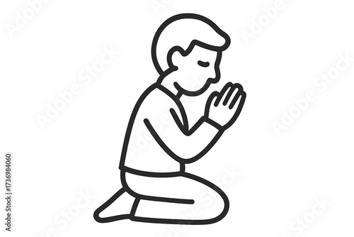 Cartoon kneeling boy praying icon. Flat vector outline illustration. Child spiritual meditation, hope, faith, religion, worship, humility, gratitude. Transparent isolated stock character graphic.