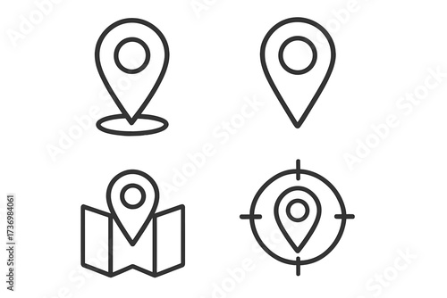 Linear location marker icons set. Modern map pinpoint, search destination, navigation vector illustrations. GPS tracking, geolocation sign, travel symbol, route pointer on transparent background.