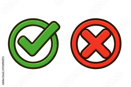 Green check mark and red cross icon set, positive and negative symbol, approval and rejection, yes and no concept, cartoon vector illustration, isolated, transparency, graphic resources