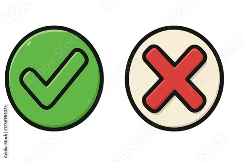 Green checkmark and red cross icons set, cartoon vector illustration with transparent background, approval and denial symbols, validation, error, correct, incorrect, isolated ordered set