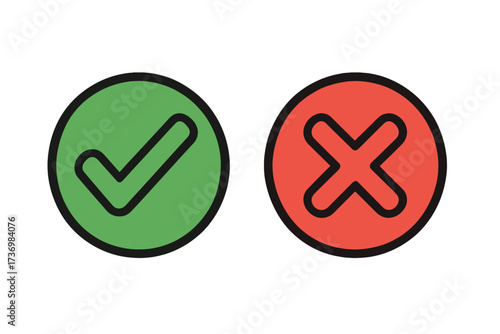 Green check mark and red cross symbol vector illustration. Approval and rejection icons set. Decision making, feedback, validation, error, correct, wrong, evaluation concept. Transparent background.