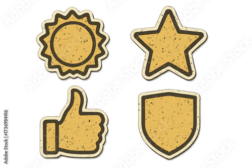 Grunge style vector badge sticker icons set. Sun, star, shield, thumbs up. Brown textured cartoon outline design for web, achievement, rating, reward, praise, security, isolated transparent background
