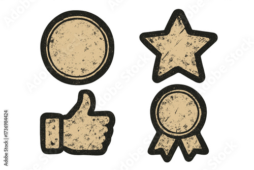 Grunge style sticker icon set featuring cartoon vector illustrations of blank badge, star, thumbs up, and award ribbon, textured vintage design, transparent background, reward and achievement concept