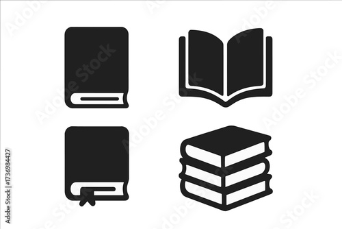 Book icon set. Black silhouette collection of different books. Open, closed, stacked, and with bookmark. Vector graphic for education, library, reading, and learning concepts.