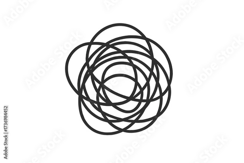 Tangled scribble, black outline abstract scrawl, random messy swirl lines, confusion disorder concept, vector cartoon illustration, isolated symbol, transparent background, chaotic circular form