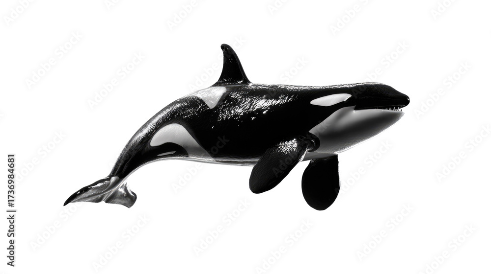 Fototapeta premium Oceanic Majesty: A photorealistic representation of a sleek orca gracefully swims in the depths, with striking black and white contrasts, embodying power, beauty, and mystery.
