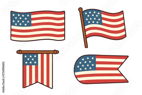 USA stamp icon flat style vector cartoon illustration with transparent background, American postal design, patriotic badge, red white blue colors, vintage travel stamp set