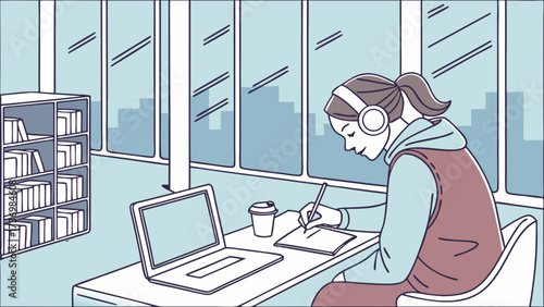 Focused young woman studying online with laptop and headphones, taking notes at a modern library desk in modern beck-view.