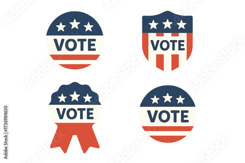 Colorful flat style vote badges set with check marks and stars, vector cartoon illustration, transparent background, ordered voting icons collection for elections and polls