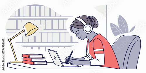 Focused young woman studying online with laptop and headphones, taking notes at a modern library desk.