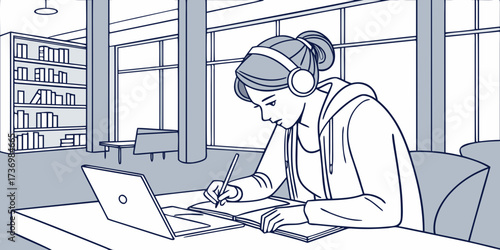 Focused young woman studying online with laptop and headphones, taking notes at a modern library desk in modern beck-view.