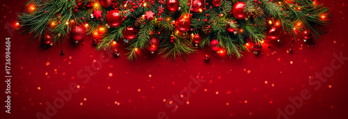 Christmas red ball with fir branches on festive background.