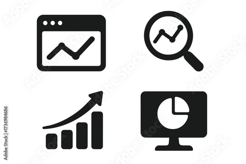 Web analytics icon silhouette in modern vector cartoon style with transparent background, ordered set, digital data monitoring, website traffic, online statistics, internet metrics