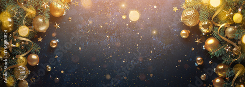 Christmas decorative background.festive balls of gold, fir branches.