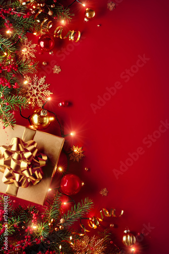 Festive Christmas scene with gold gift box