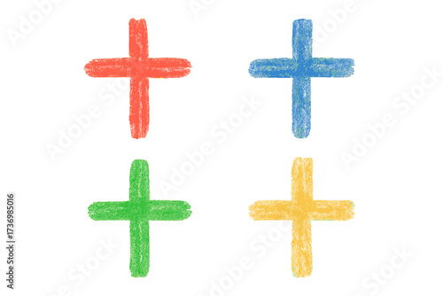 Hand-drawn plus sign collection. Colorful crayon and charcoal doodle sketch. Vector set of red, blue, green, yellow positive math symbols, cross icons or vote checkmarks.