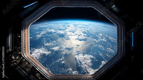 Earth view from spacecraft window; looking at ocean, clouds, space. Illustration, education, research use