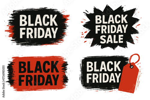 Black Friday sale banner collection. Grunge texture brush stroke style for promotion. Vector graphic element set with transparent background. Discount tag and stamp design.