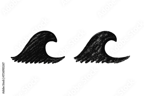 Hand-drawn wave set with crayon and charcoal texture. Black sea or ocean wave shape doodle. Grunge sketch style vector illustration. Isolated graphic design element for cartoon.