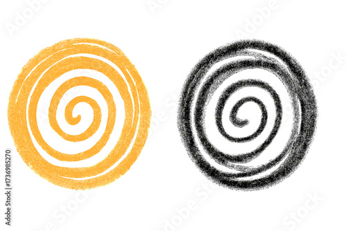 Hand-drawn crayon and charcoal textured spirals. Yellow and black round doodle shapes. Abstract vortex sketch element. Vector illustration set for hypnosis or dizzy concepts.
