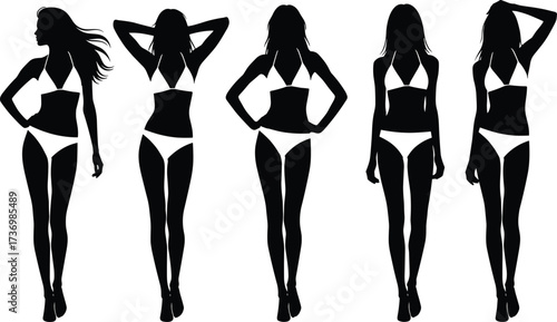 PrintBikini woman silhouettes, fashion model poses, female body vector, beach girl icons, swimsuit illustration, summer style design, black figure collection