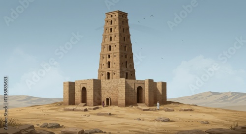 Ancient Desert Tower with Figures Under Blue Sky