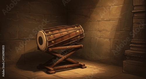 Ancient Drum on Wooden Stand in Stone Chamber