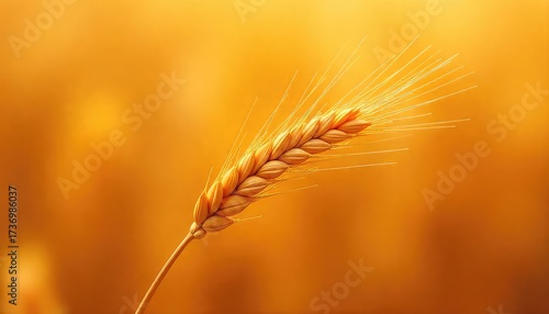 Close up of a single wheat stalk against a blurred golden background in a field of grain harvest