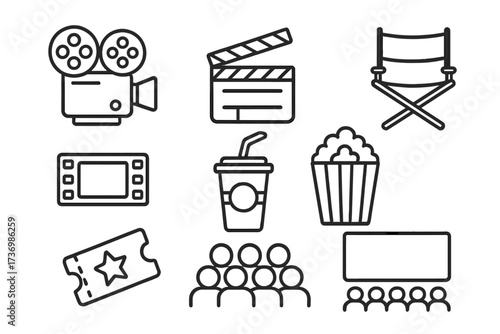 Cinema icon set. Movie and film production linear icons. Vector collection with camera, clapperboard, director chair, popcorn, ticket, and audience for entertainment design.