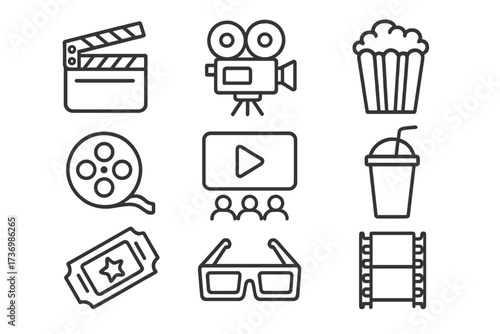 Cinema line icon set for movie and film entertainment. Vector illustration collection includes clapperboard, camera, popcorn, film reel, ticket, 3D glasses, and drink.
