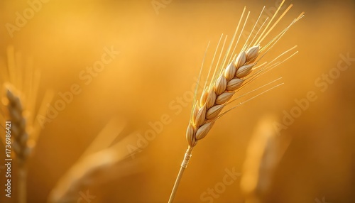 A close up of a wheat stalk in a field with a golden background during the golden hour lighting