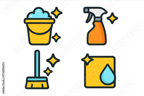 Cleaning service icon set. Household chores and domestic work tools. Vector cartoon illustration of hygiene equipment. Bucket with foam, spray bottle, mop, and wet cloth.