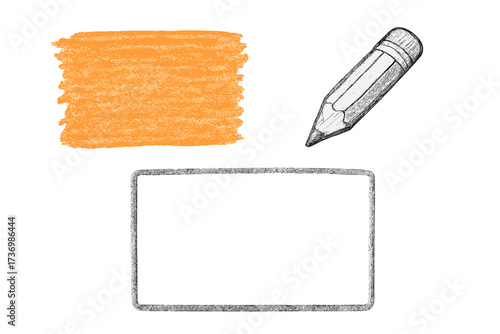 Hand drawn crayon stroke texture and pencil sketch elements. Vector illustration set with doodle frame, orange color background banner and graphite pencil drawing. Art design kit.