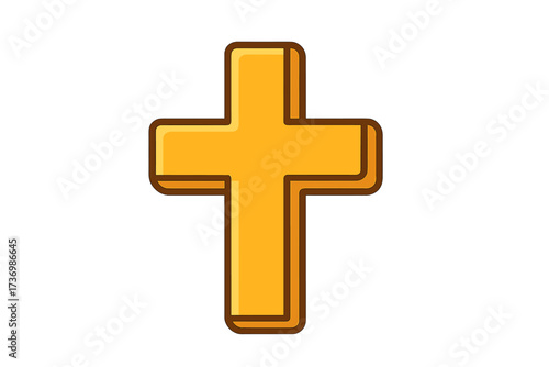 Golden Christian cross vector icon. Cartoon illustration of a religious symbol for faith, spirituality, and belief. Isolated graphic element for Easter, church, and worship.